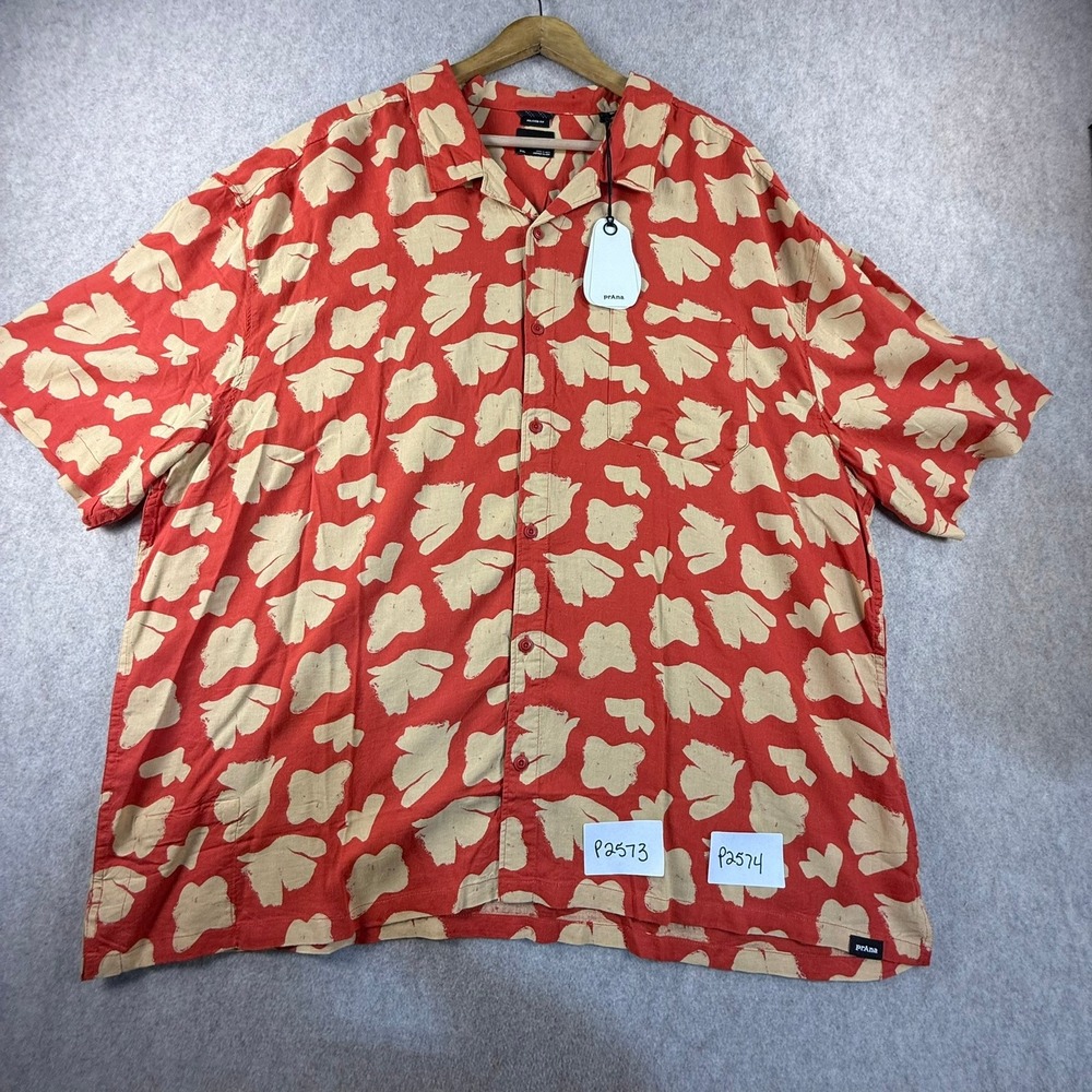 NWT Prana Mens XXL Relaxed Fit Short Sleeve Button Down Shirt Red Tan Abstract